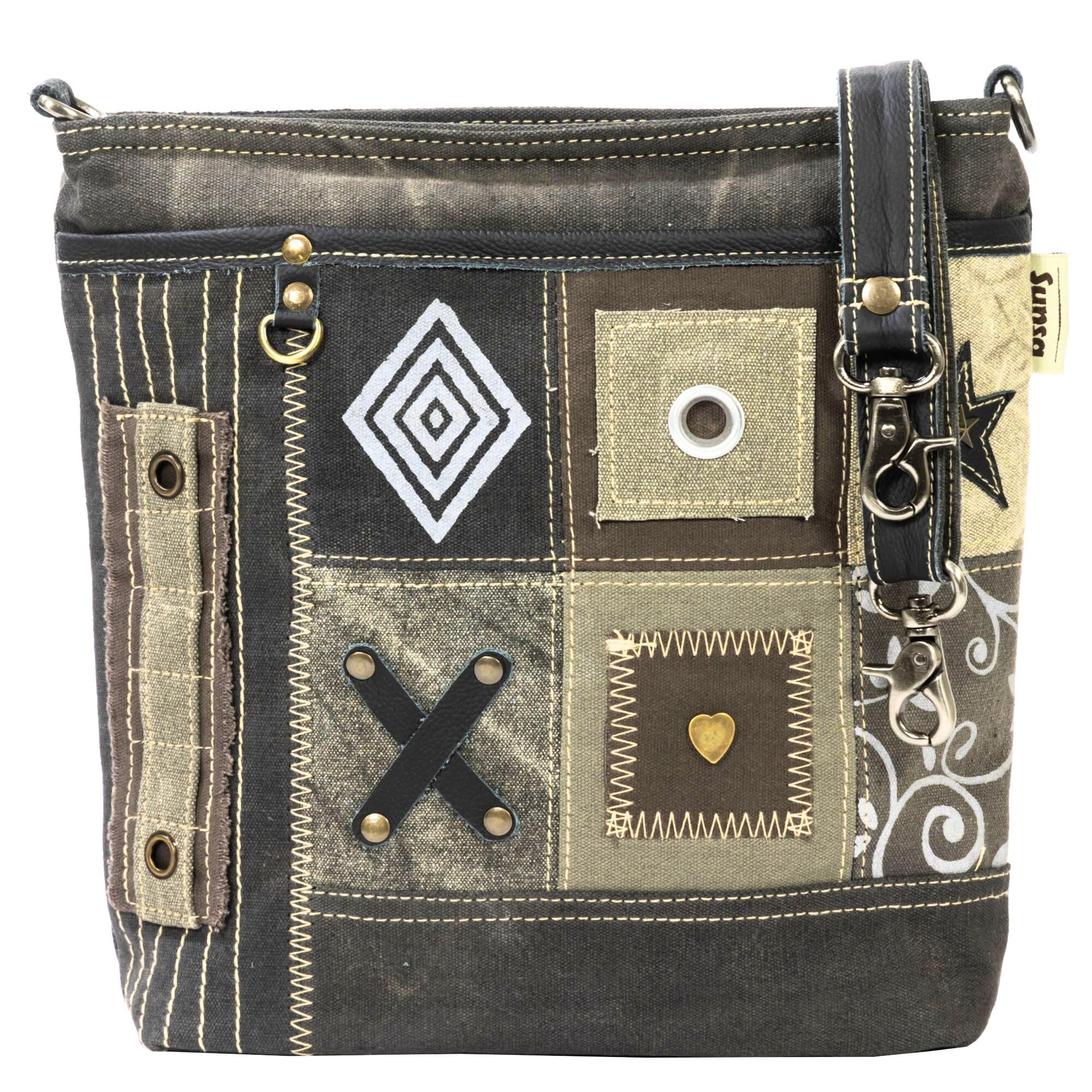 Sunsa Taschen Damen. Umhängetasche aus Canvas/Leinwand & Leder, khakigrün