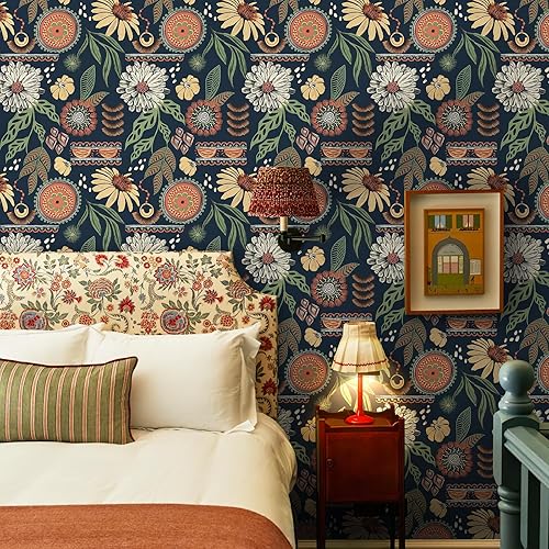 Miniatura 3 de Simon&Siff Papel tapiz bohemio para despegar y pegar, 17.3 x 120 pulgadas, diseño floral de sol, retro, extraíble, flores botánicas oscuras, mural