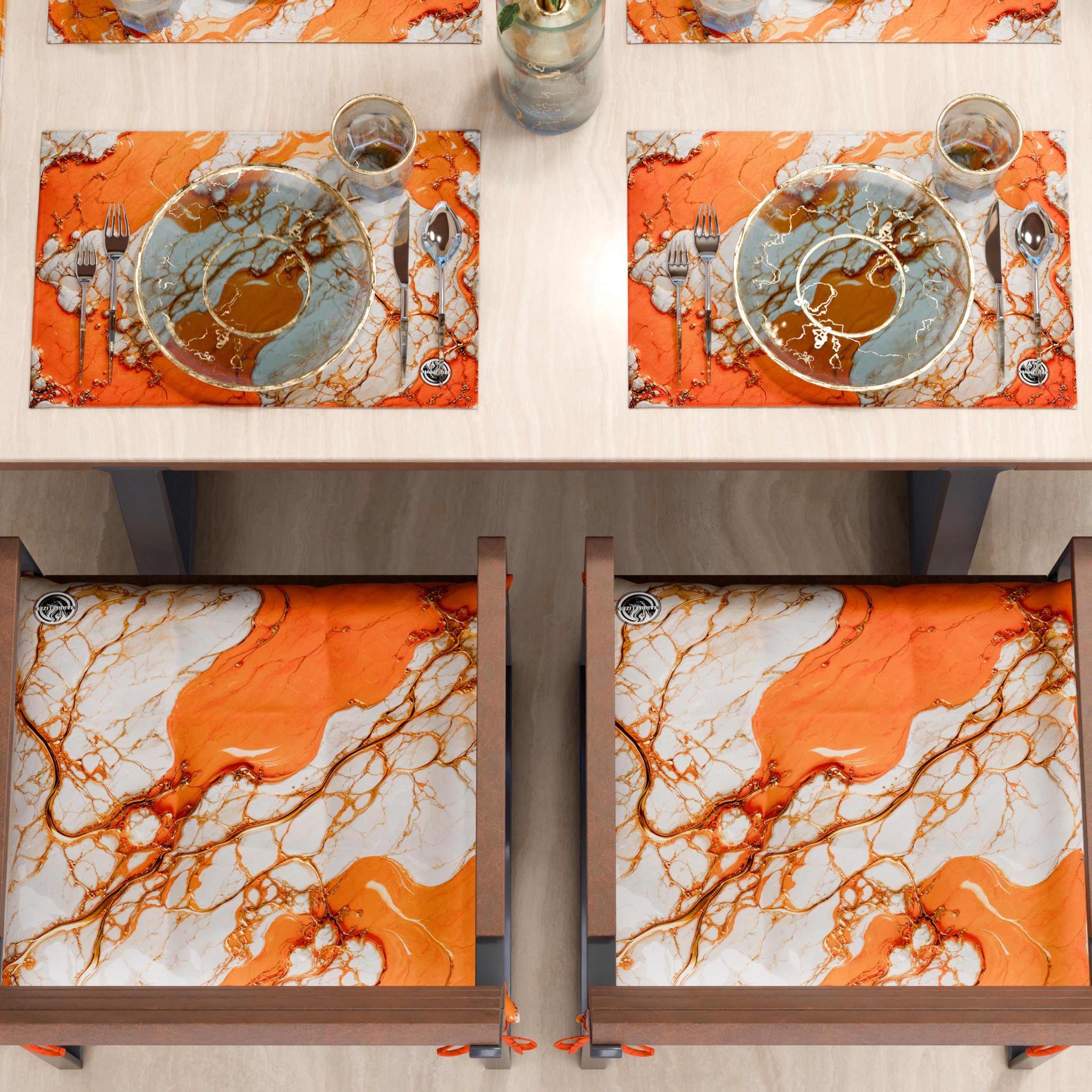 MARBLELIZED, Washable American Placemats, Orange Marble Effect Fabric Placemats, Set of 2 (30 x 45 cm), Elegant - Image 4