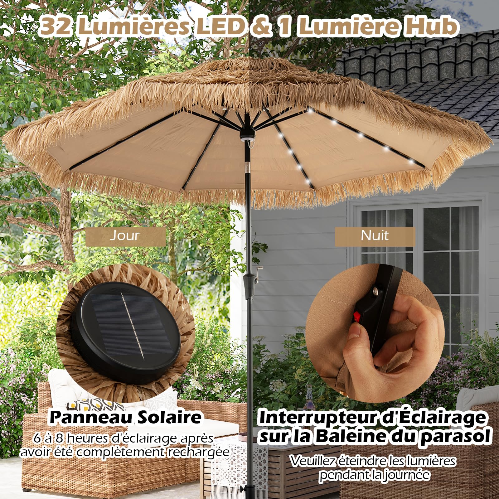 GOPLUS 3M Parasol en Paille PE avec 32 LED Solaires, Parasol Hawaïen Tropical avec Double Toit Inclinable, 8 Baleines, 9 Couches, Manivelle, Anti-UV, Manivelle, pour Jardin Patio Plage