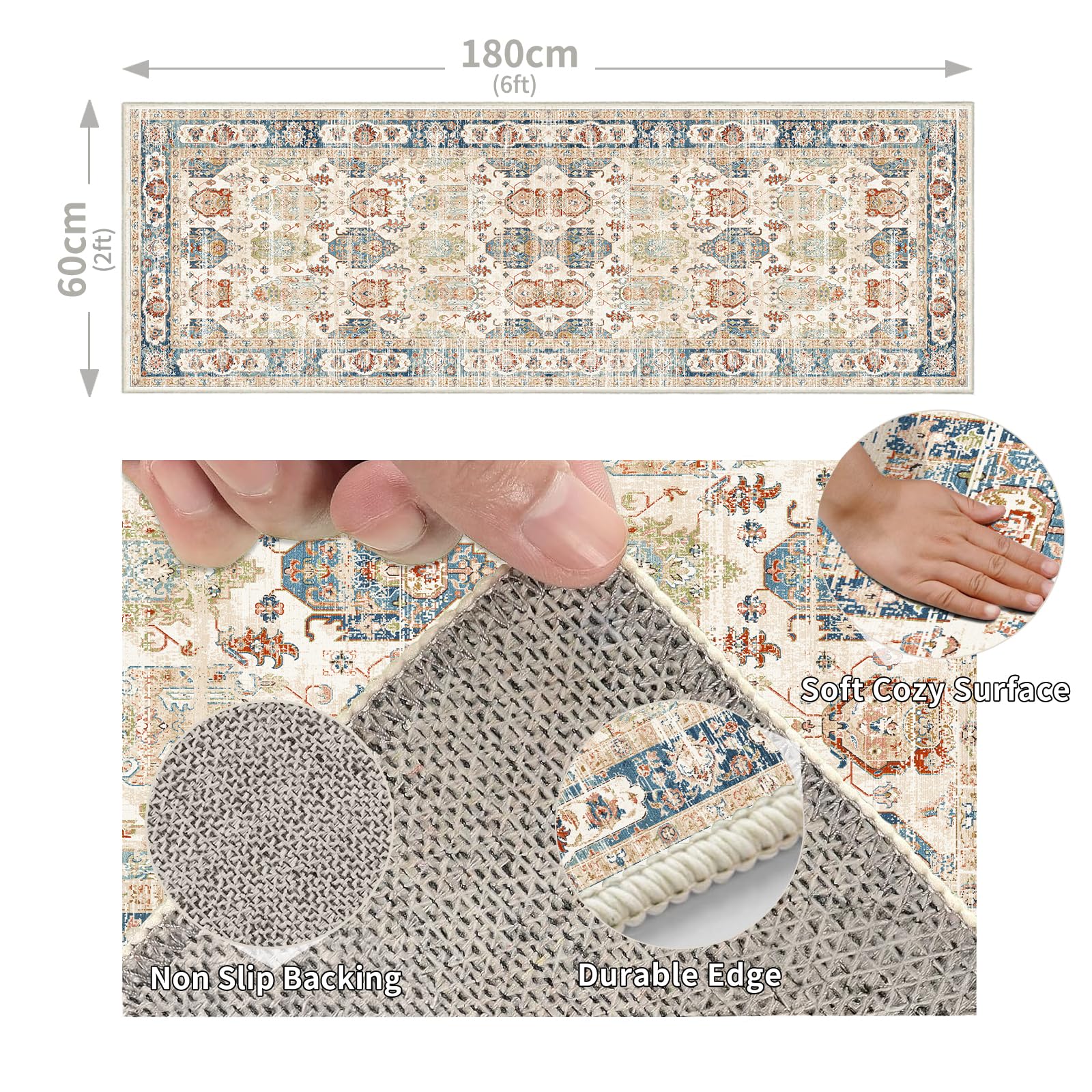 Cycleader 60x180cm Non-Slip Washable Runner Rug for Hallway, Vintage Boho Faux Cashmere Carpet Anti-Fatigue Kitchen Rugs Indoor Soft Long Floor Mat Low Pile Runners with Anti-Slip Backing for Bedroom - Image 2