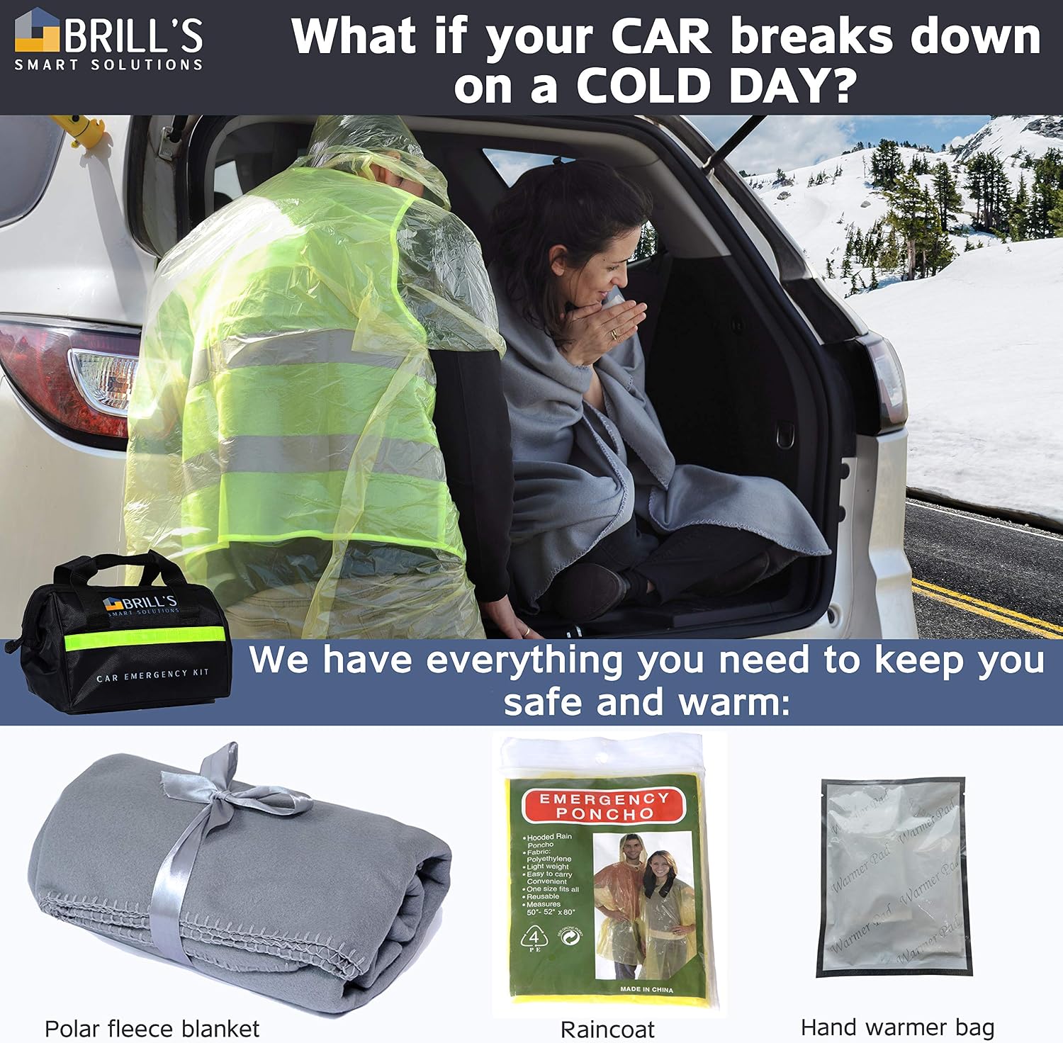 BRILL'S SMART SOLUTIONS Car Emergency Roadside Tool Kit- Auto Assistance kit Includes: First Aid kit, Warning Triangle, Jumper Cable, SOS Flashlight with Hummer, Warming Bags, Blanket and More
