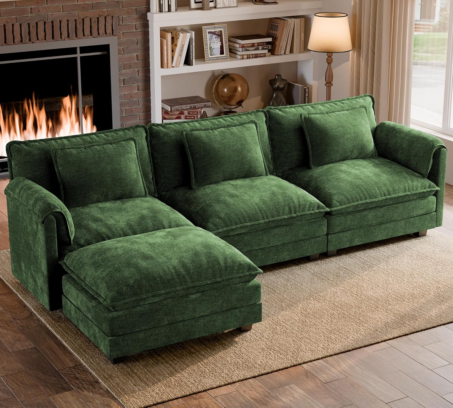 ELUCHANG 116" L Shaped Modular Sectional Cloud Couch with Pillow, Deep Seat Sofa Couches for Living Room, 4-Seat Modern Sofa with Movable Ottoman, Chenille Green