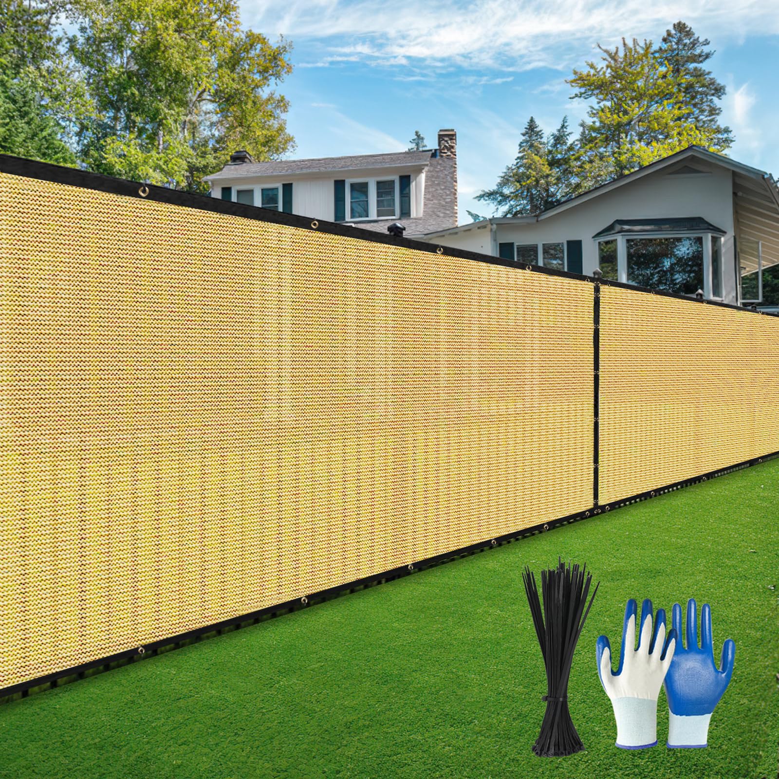 DenForste Privacy Fence Screen,with Gloves, 5X50FT Heavy Duty 220GSM 98% Blockage Privacy Screen Fence for Outdoor Wall Garden Yard Backyard (Sand)