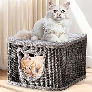zooprinz Premium Katzenhaus – Katzenkorb für Katze – mit dicken Sisal Wänden an der Katzenbox – Höhle mit weichem Plüsch und Spielball – Katzenkiste im skandinavischen Look (Grau) product image