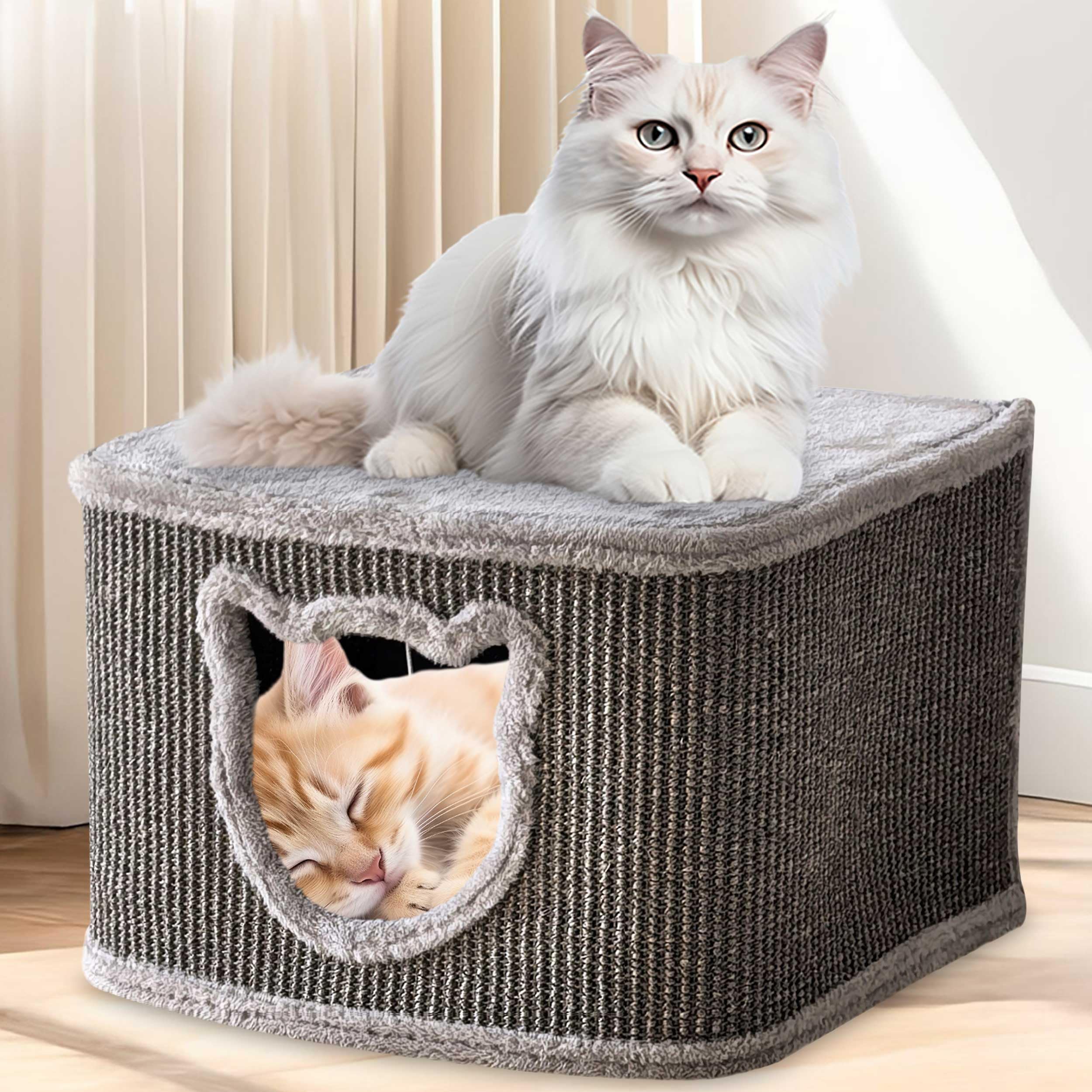 zooprinz Premium Katzenhaus – Katzenkorb für Katze – mit dicken Sisal Wänden an der Katzenbox – Höhle mit weichem Plüsch und Spielball – Katzenkiste im skandinavischen Look (Grau)