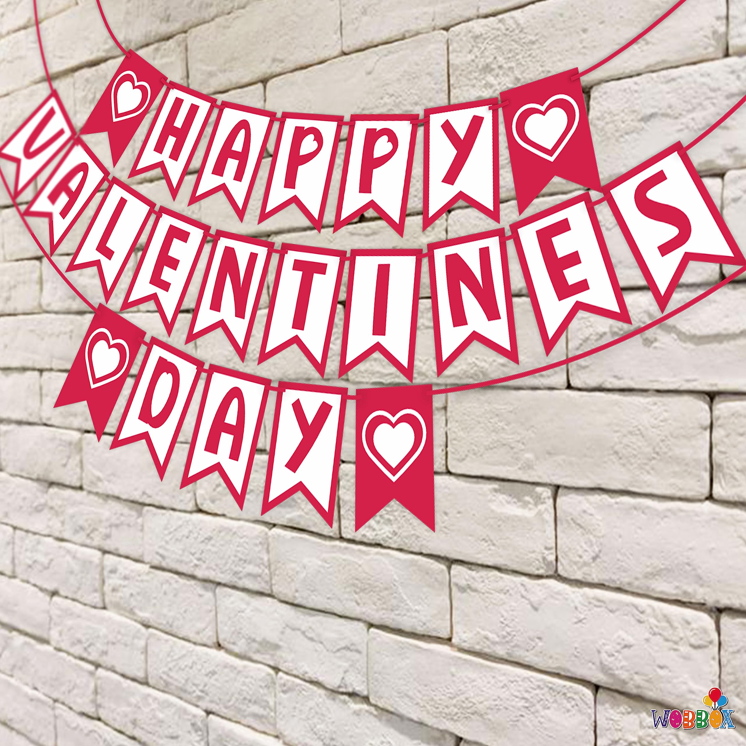 Wobbox Valentine Bunting Banner - Jute Pattern & White Text For Valentine's Day Party Decor