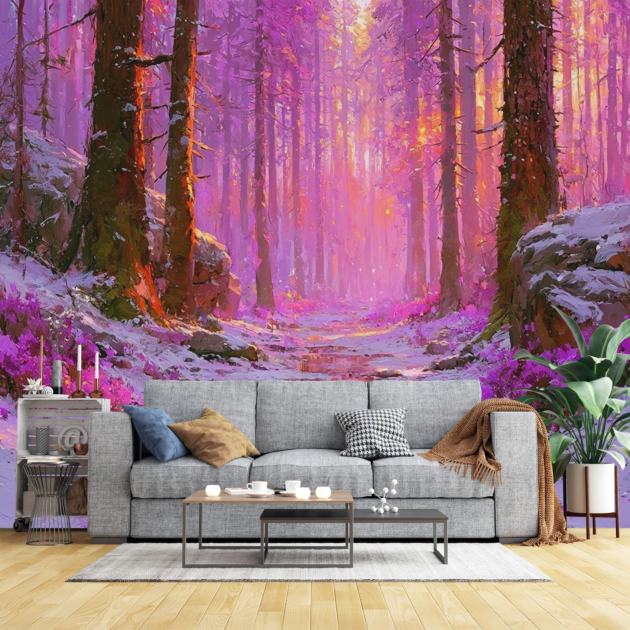 Custom Size Wall Murals Pink Forest with Snow and Stream Wall Murals Dreamy Landscape Wallpaper, 3D Self-Adhesive Removable Wallpaper for Bedroom