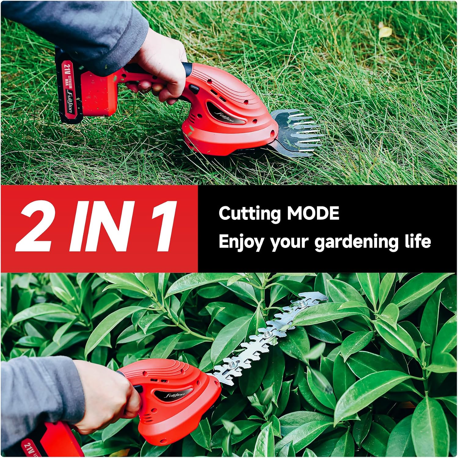 Hedge Trimmer Cordless,2 in 1 Hedge Shrub Grass Shears,21 V Electric Hedge Trimmer Grass Cutter Bush Trimmer with 2 PCS Rechargeable Battery for Garden, Lawn, Yard (Red)