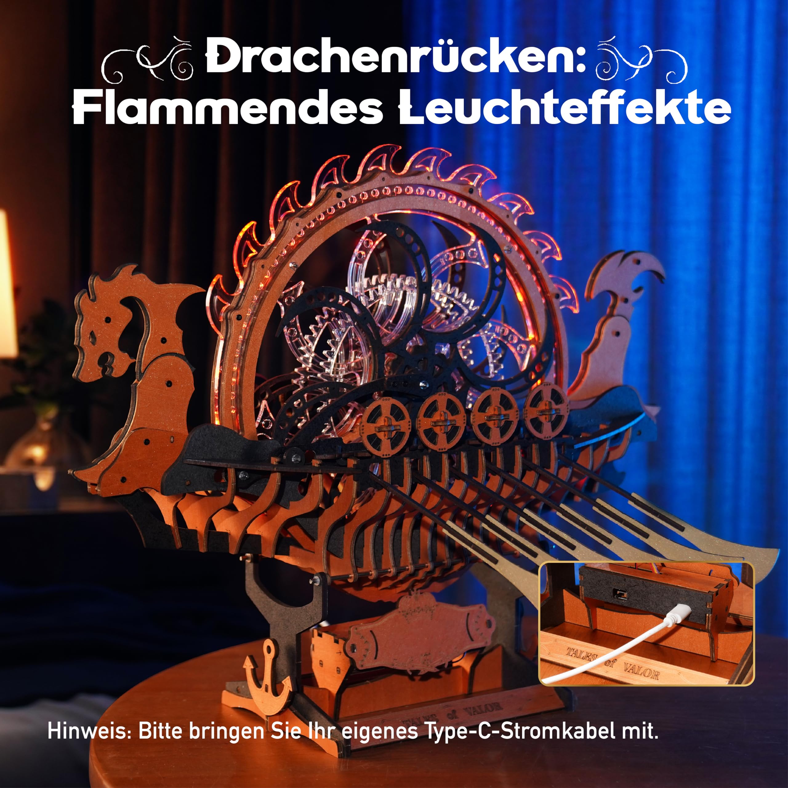 ROBOTIME Holzpuzzle Erwachsene Modellbausatz Schiff, 3D Puzzle Holz Holzpuzzle Erwachsene, Wikingerschiff mit Motor und LED-Leuchten, Mechanischer Zahnradantrieb, Geschenke Drachenschiff LK802