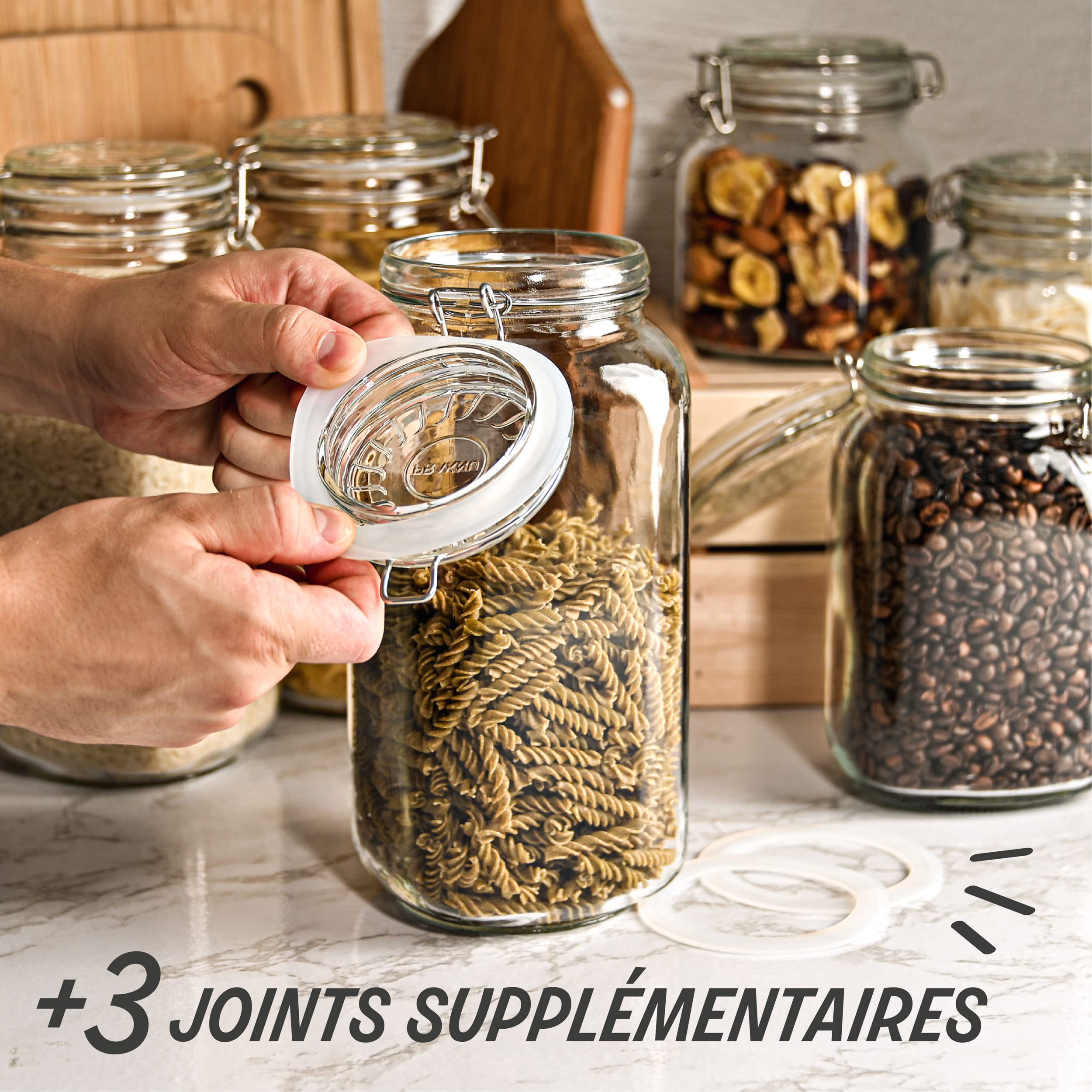 Praknu 3 Bocaux en Verre Hermétiques Grands de 2l - Avec Étiquettes, Marqueur et Joints de Rechange - Gain de Place grâce à leur Forme Angulaire