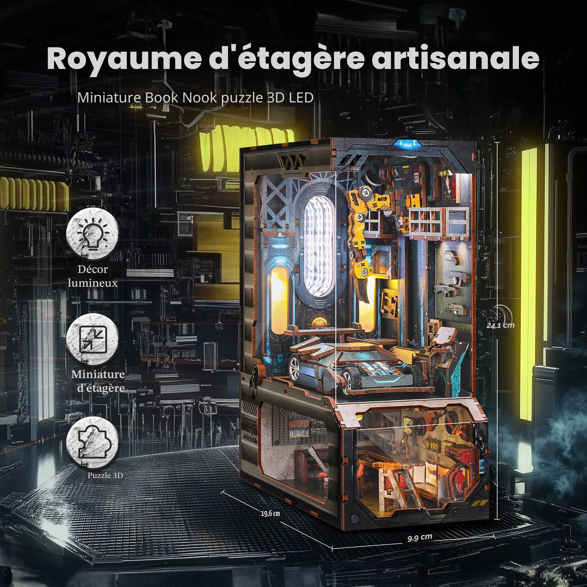 FUNPOLA Puzzle 3D en Bois Book Nook Kit, Maquette en Bois à Construire Atelier Automobile Miniature avec lumières LED, modèle de Garage mécanique pour Adultes (14+)
