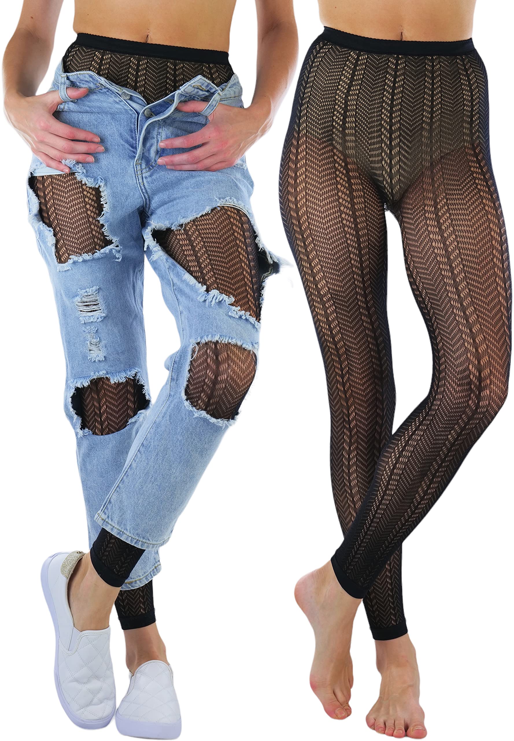 ToBeInStyle Women's Single Floral Lace Fishnet Tights Footless &amp; Stirrup Design