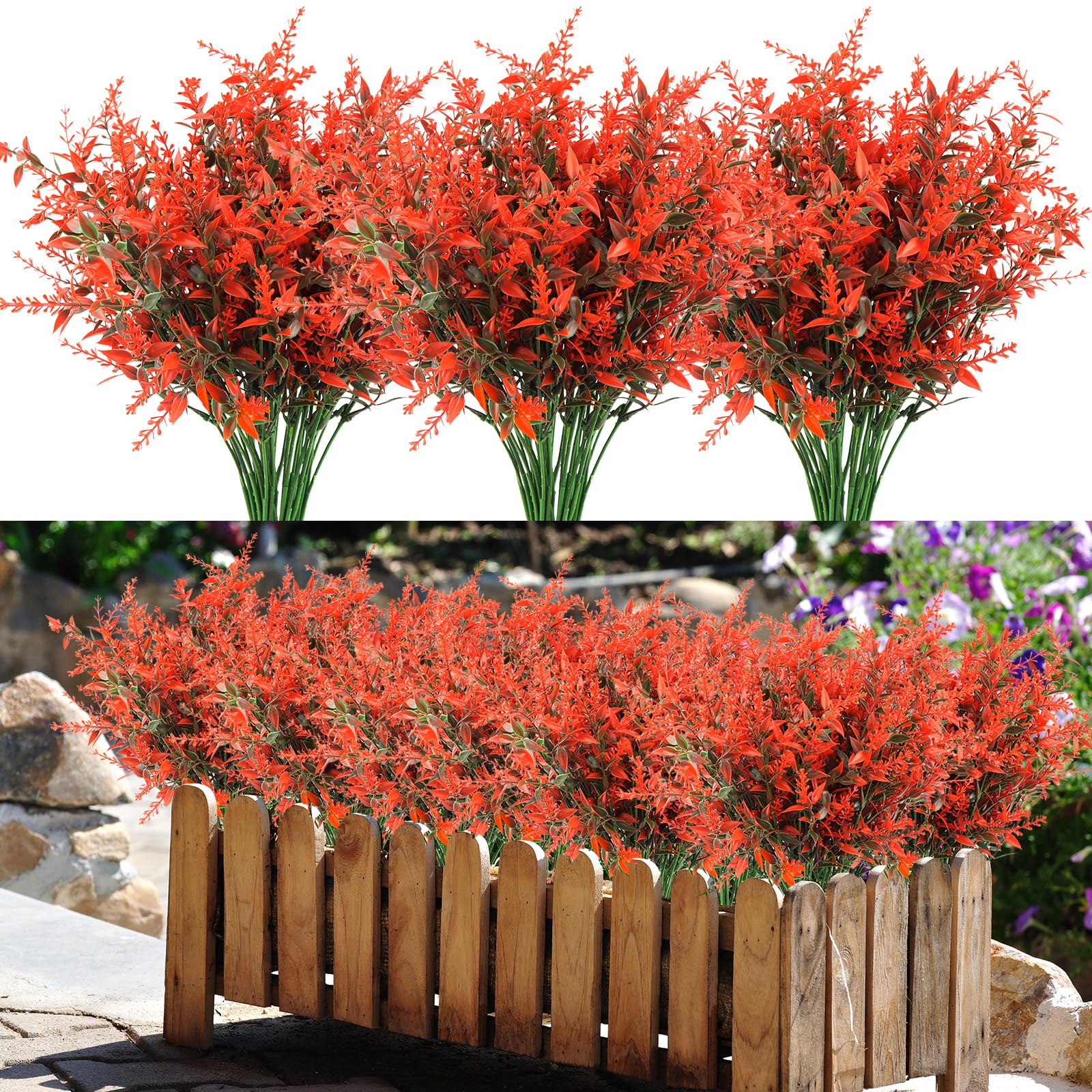 BINYI Künstliche Pflanzen Blumen UV Beständig Kunstblumen Im Topf Wie Echt 10 Bündel Fake Flowers Sträucher Deko Kunstblume Künstliche Balkonpflanzen Lavendel für Haus Tisch Garten Dekoration (Rot)