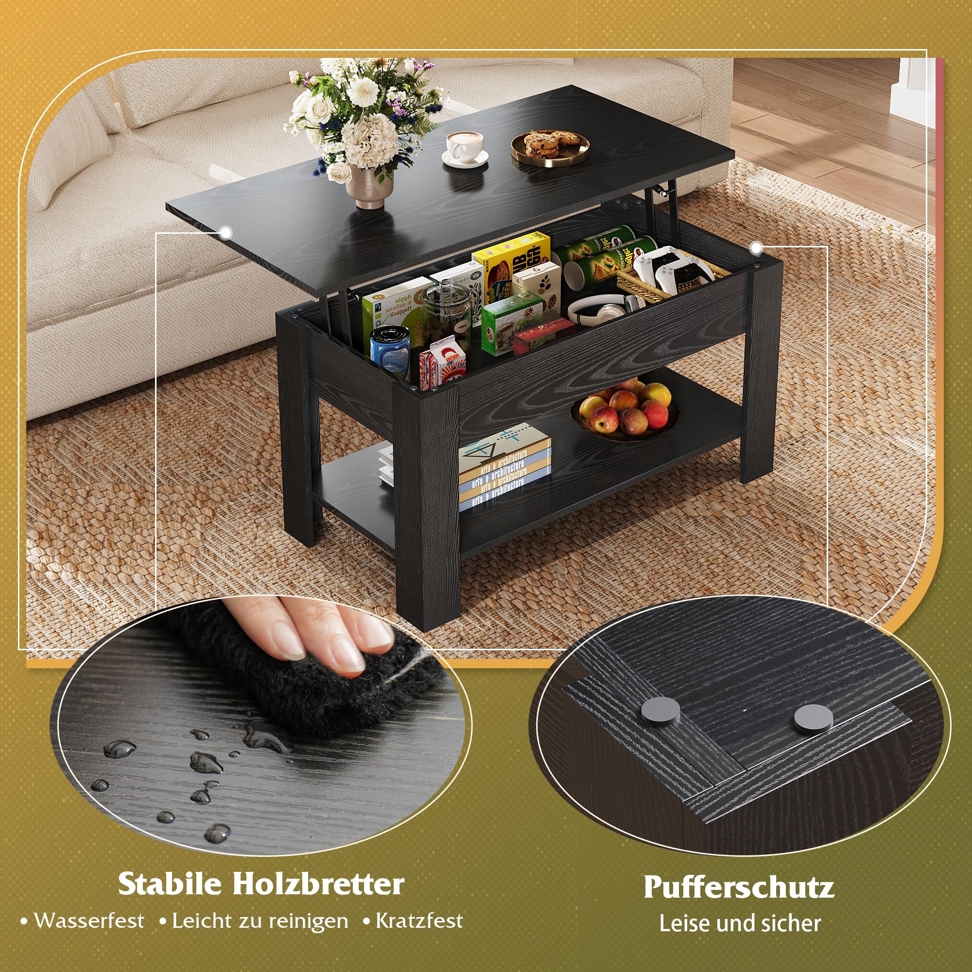 WLIVE Couchtisch mit Stauraum, Wohnzimmertisch Höhenverstellbar mit Verstecktem Staufach und Ablagefläche, Wohnzimmer Tisch für Couch,98 x 48cm Sofatisch, Schwarz