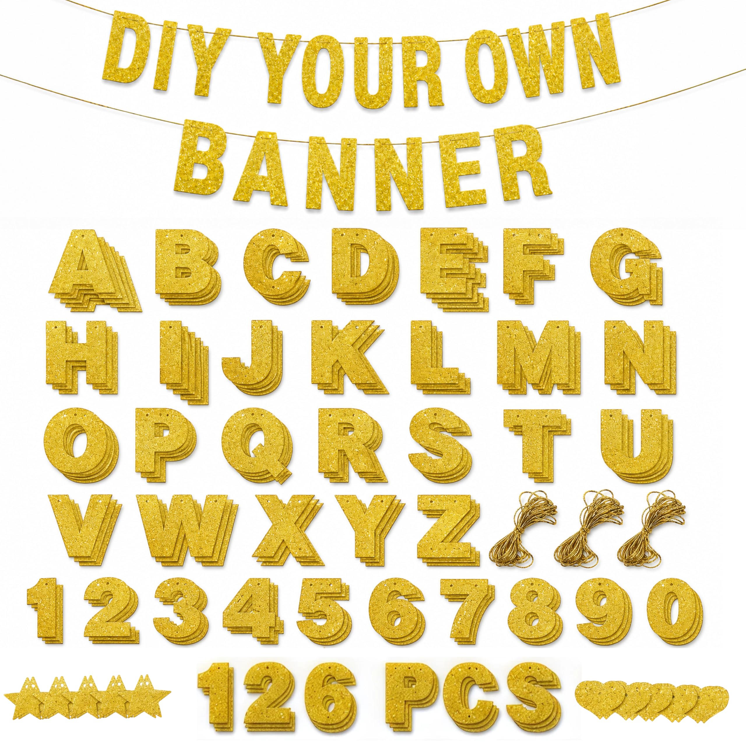Gold Glitter Custom Banner Set mit Buchstaben, Zahlen und Symbolen, Geburtstag, Hochzeit, Party Dekoration, 121 Stück insgesamt
