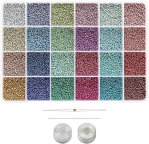 BalaFillic Cuentas de semillas de color mate 110 aproximadamente 14400 piezas en caja 24 cuentas pequeñas multicolor con cuerda de cuentas y agujas