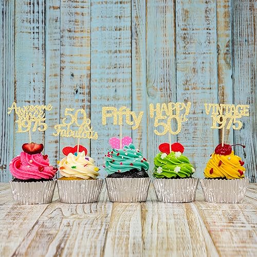 Miniatura 5 de Gyufise 30 piezas de adornos para cupcakes de cumpleaños 50 con purpurina dorada vintage de 1975 impresionantes desde 1975, 50 fabulosas selecciones