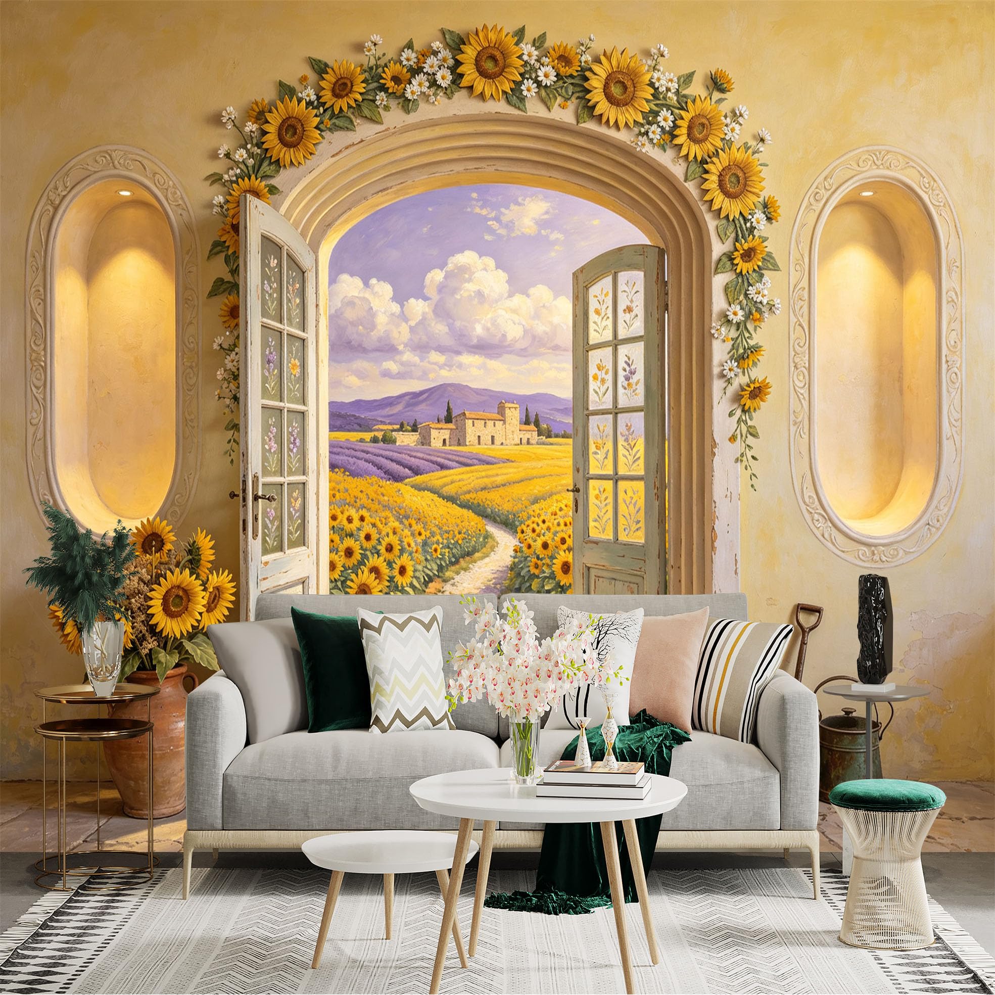 Custom Size Wall Sticker Mural， Sunflower Field Rustic Doorway Lavender Landscape， for wall Decoration， peelandstick wall Decals.