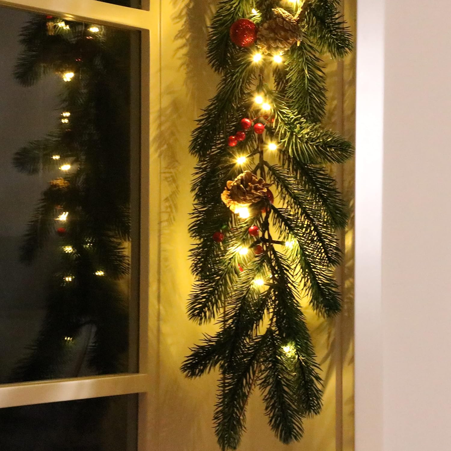 6 FT Christmas Garland, Battery Operated 8 Lighting Modes, Lighted Christmas Garland with 40 LEDs, Pine Cones, Red Berries, Jingle Bells - Image 2