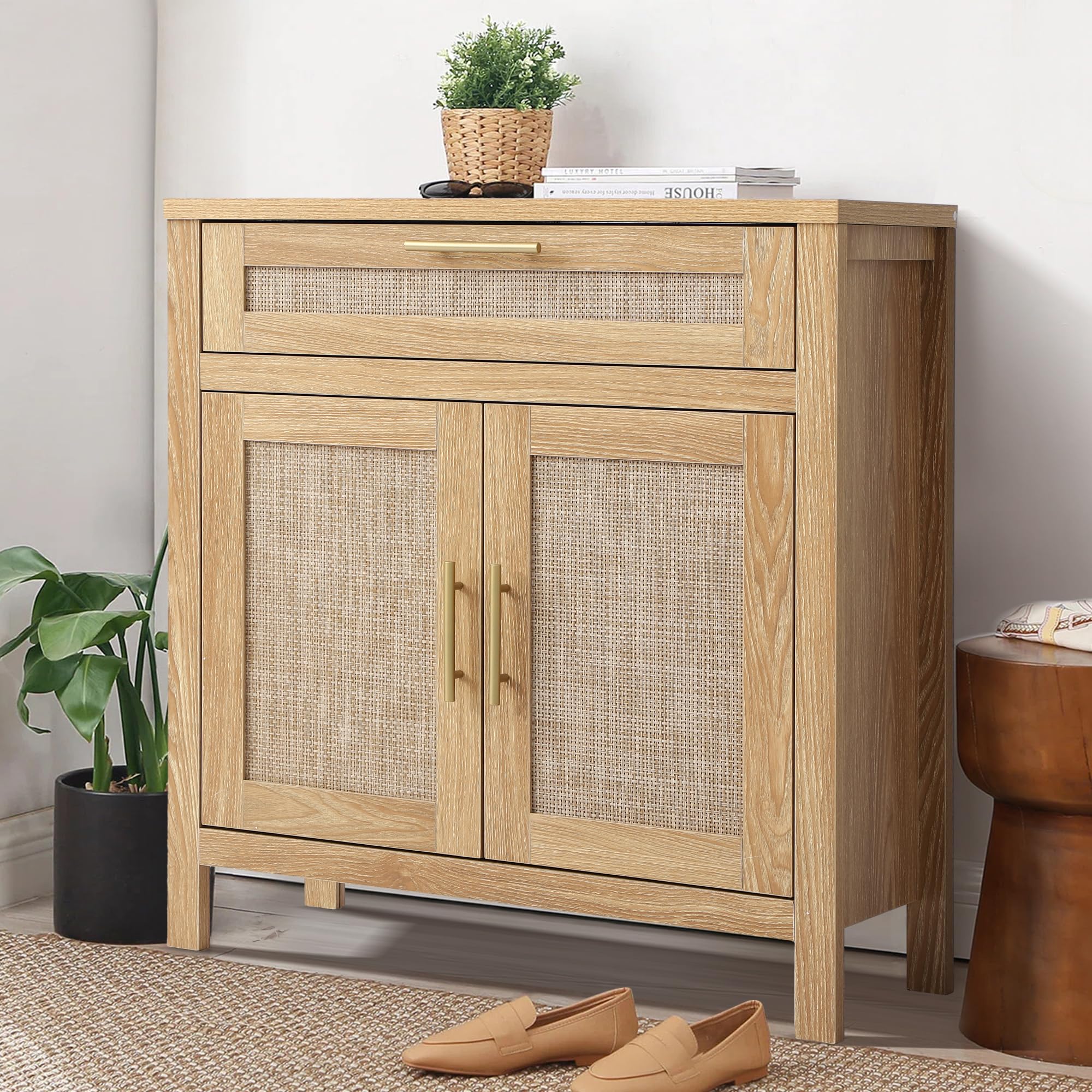 Grepatio Rattan Sideboard Buffet Cabinet, Small Rattan Accent Cabinet with Adjustable Shelf, Boho Coffe Table, Farmhouse Storage Cabinets with Doors