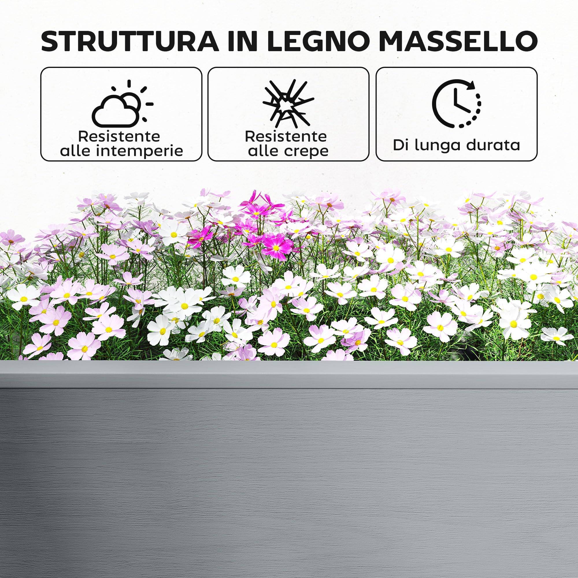 Outsunny Letto per Orto Rialzato in Abete con Ripiano e 2 Vasi Laterali Pieghevoli, Fioriera Rialzata da Esterno con Fori di Drenaggio per Verdure Fiori, 149x46x76cm, Grigio