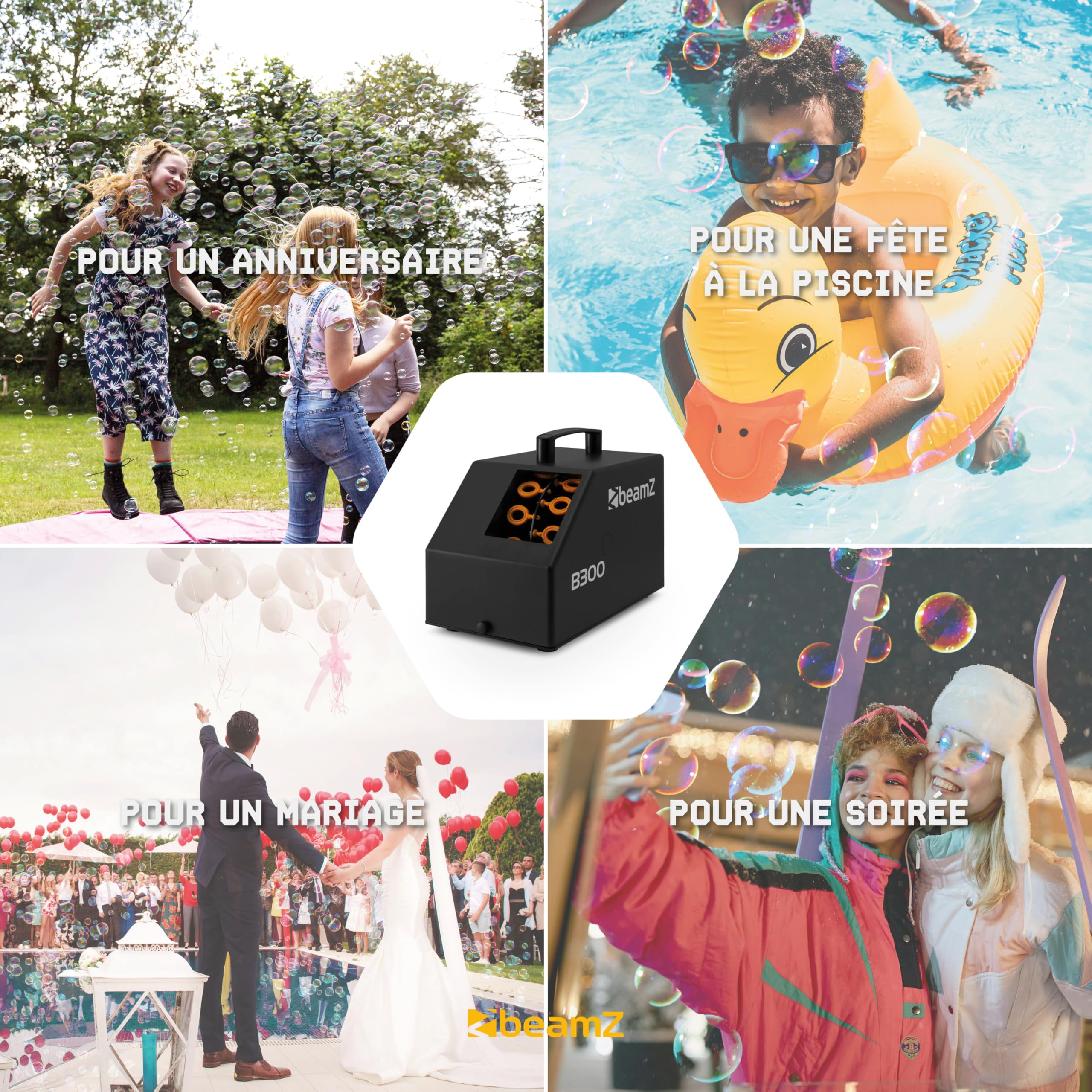 BeamZ B300 Pack Machine à Bulles Enfant/Mariage/Anniversaire avec 5L de Liquide - Double Roue, Facile à Transporter, Télécommande, Réservoir 700mL, Idéale pour Les Fêtes en Extérieur
