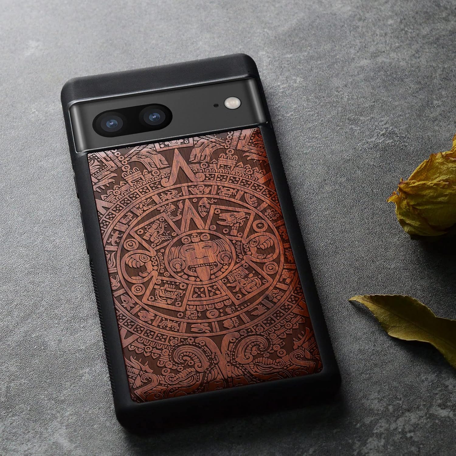 Carveit Wood Case for Pixel 7 Case [Natural Wood & Black Soft TPU] Shockproof Protective Unique & Classy Wooden Cover Compatible with Google Pixel 7 (Mayan Symbols-Rosy)
