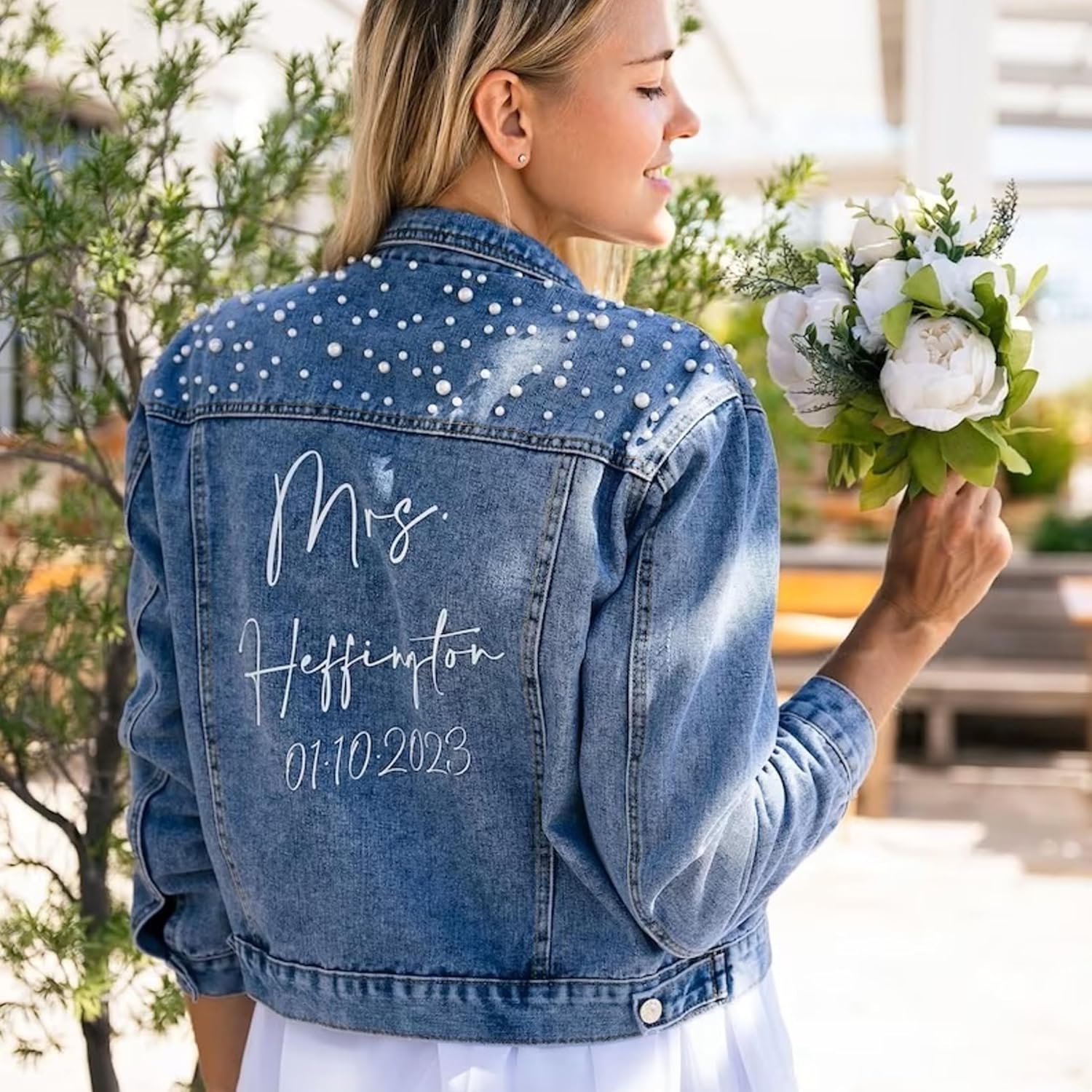 Embroidered Bride Denim Jacket, Bride Jean Jacket, Future Mrs Jacket, Custom Personalized Pearl Denim Jacket, Wedding Gift - Image 8