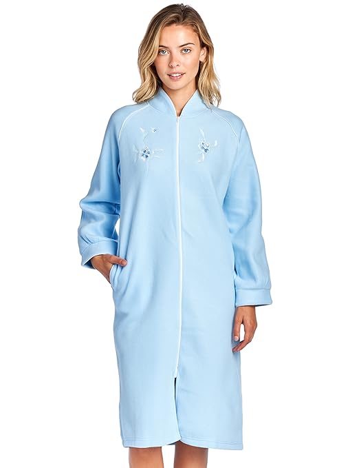 Casual Nights Women's Zip Up Front Long Fleece Robe House Dress - Blue