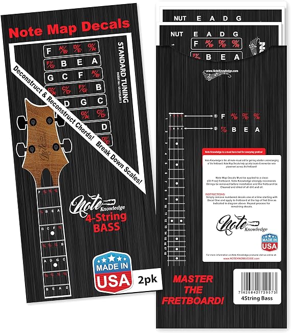 Bass Guitar Fretboard Note Map Decals/Stickers for Learning Notes, Chords & Scales.