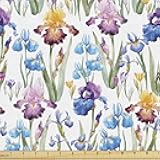 Iris Flower Fabric by The Yard, Romantic Watercolor Garden of Hyacinths with Spring Cheer Feels Print, Decorative Fabric for Upholstery and Home Accents, 1 Yard, White and Multicolor