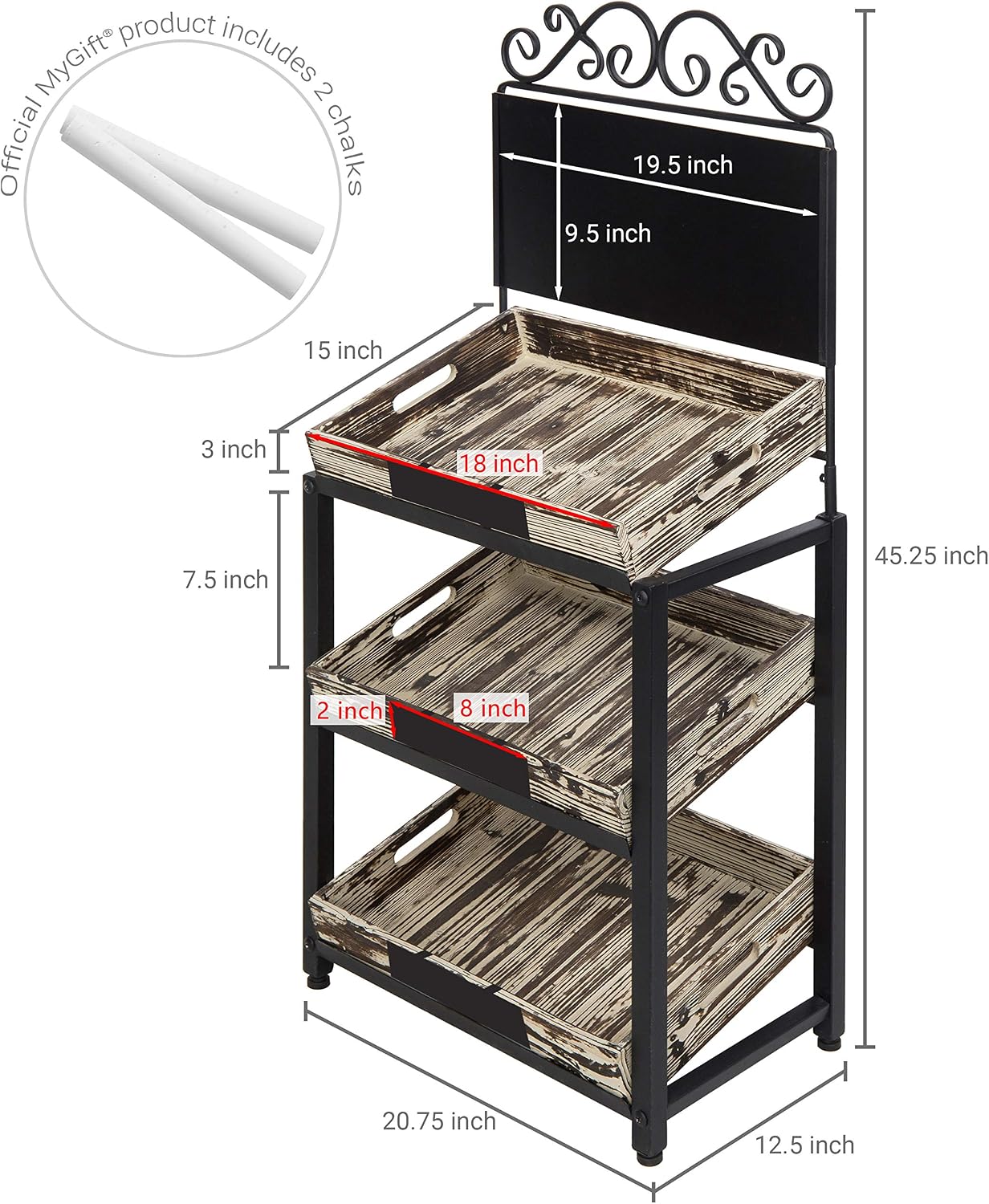 MyGift 3-Tier Scrollwork Metal & Removable Rustic Torched Wood Crate Retail Display Produce Stand w/Chalkboard Sign