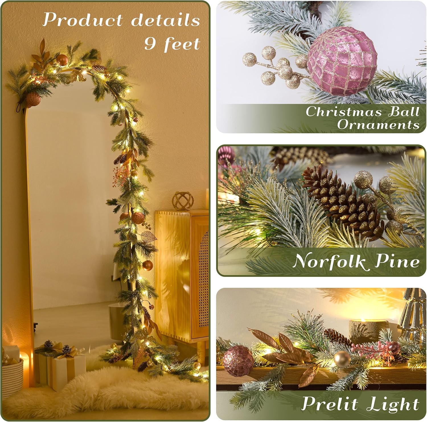 DecorbyHannah Christmas Garland with Lights, 9Ft Prelit Pink Christmas Garland for Mantle, Stairs Railing and Fireplace, Lighted Xmas Real Touch Norfolk Pine Garlands with Ornaments for Outdoor Decor