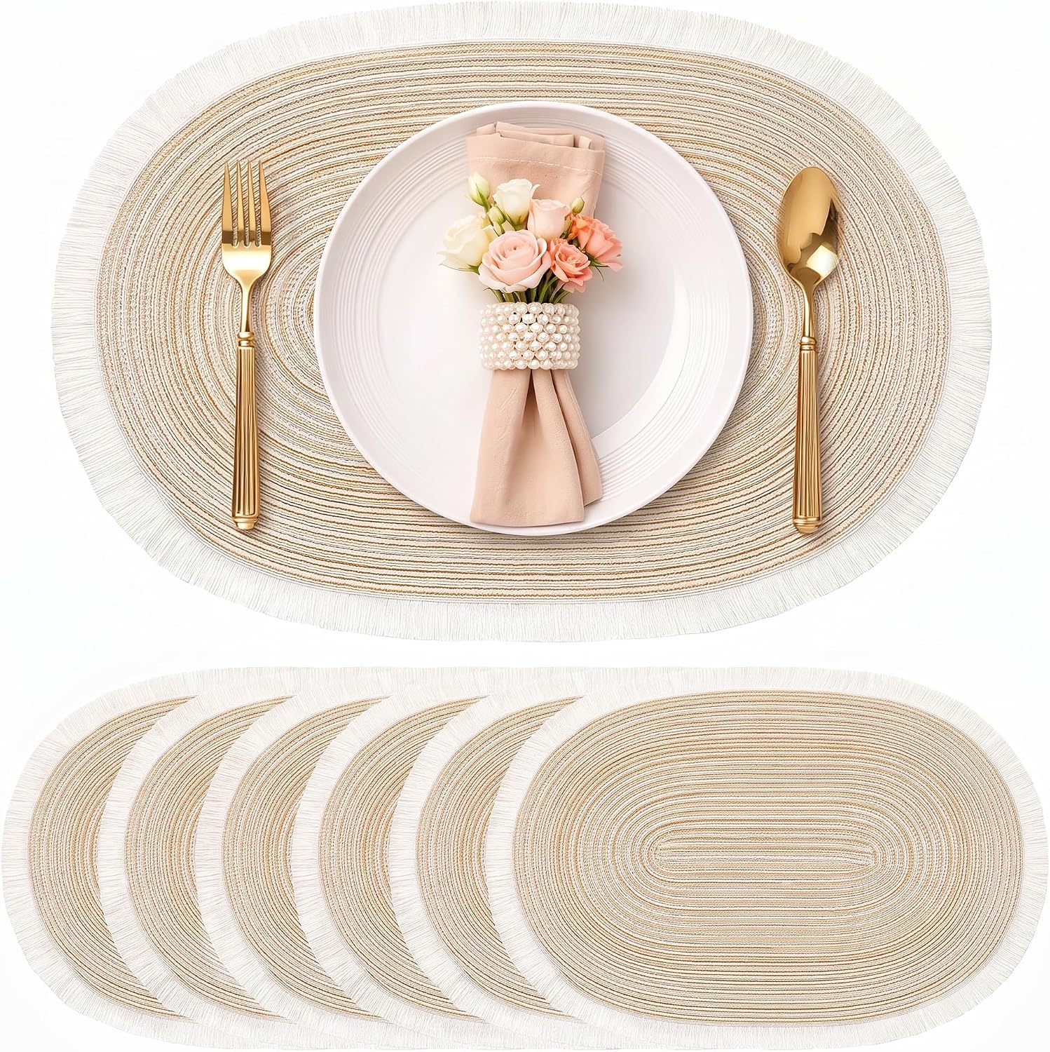FAVE Boho Oval Woven Placemats Set of 6, Washable Table Mats with Tassels