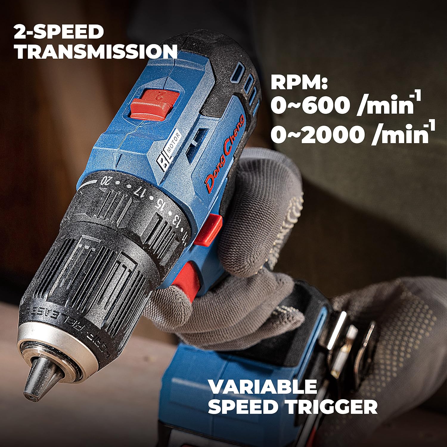 Close-up of the DongCheng DCJZ2050 drill driver showing the 2-speed transmission switch and variable speed trigger.