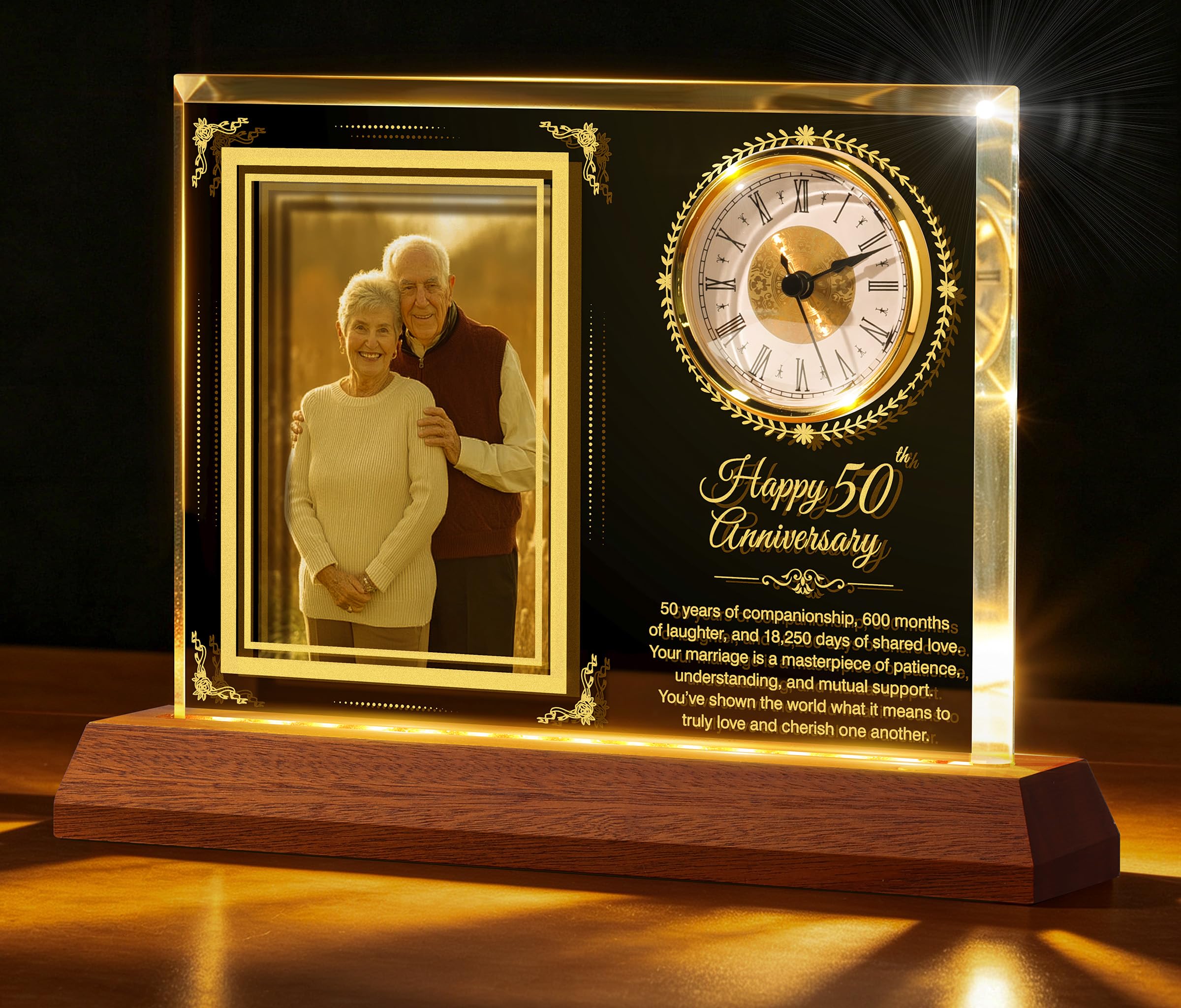 50th Wedding Anniversary Crystal Clock Photo Frame Gifts，Hold 6 inch Photo