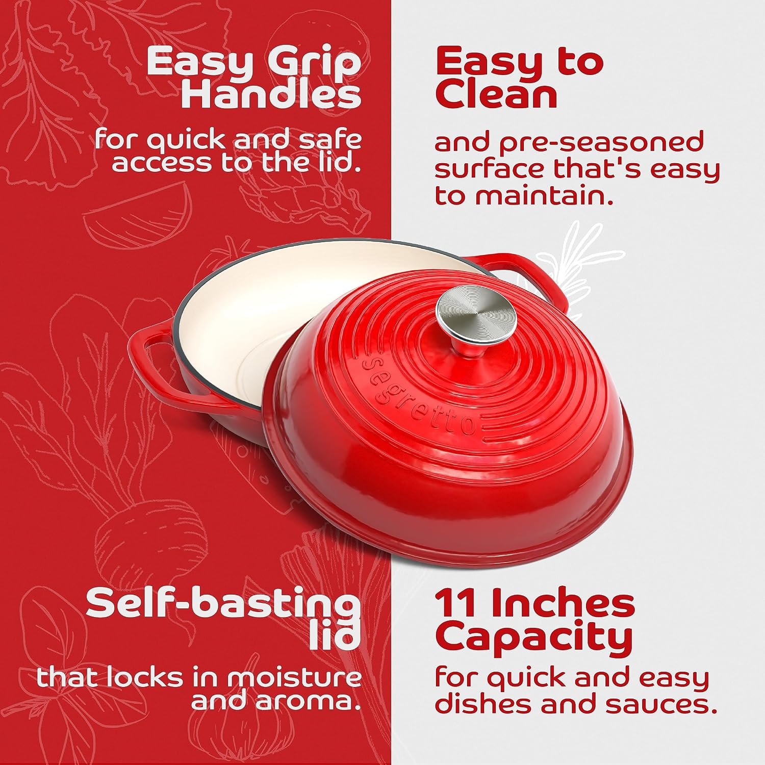 Enameled Cast Iron Bread Pan with Lid, 11” Red Bread Oven Cast Iron Sourdough Baking Pan, Dutch Oven for Bread, No Seasoning Needed -Segretto Cookware
