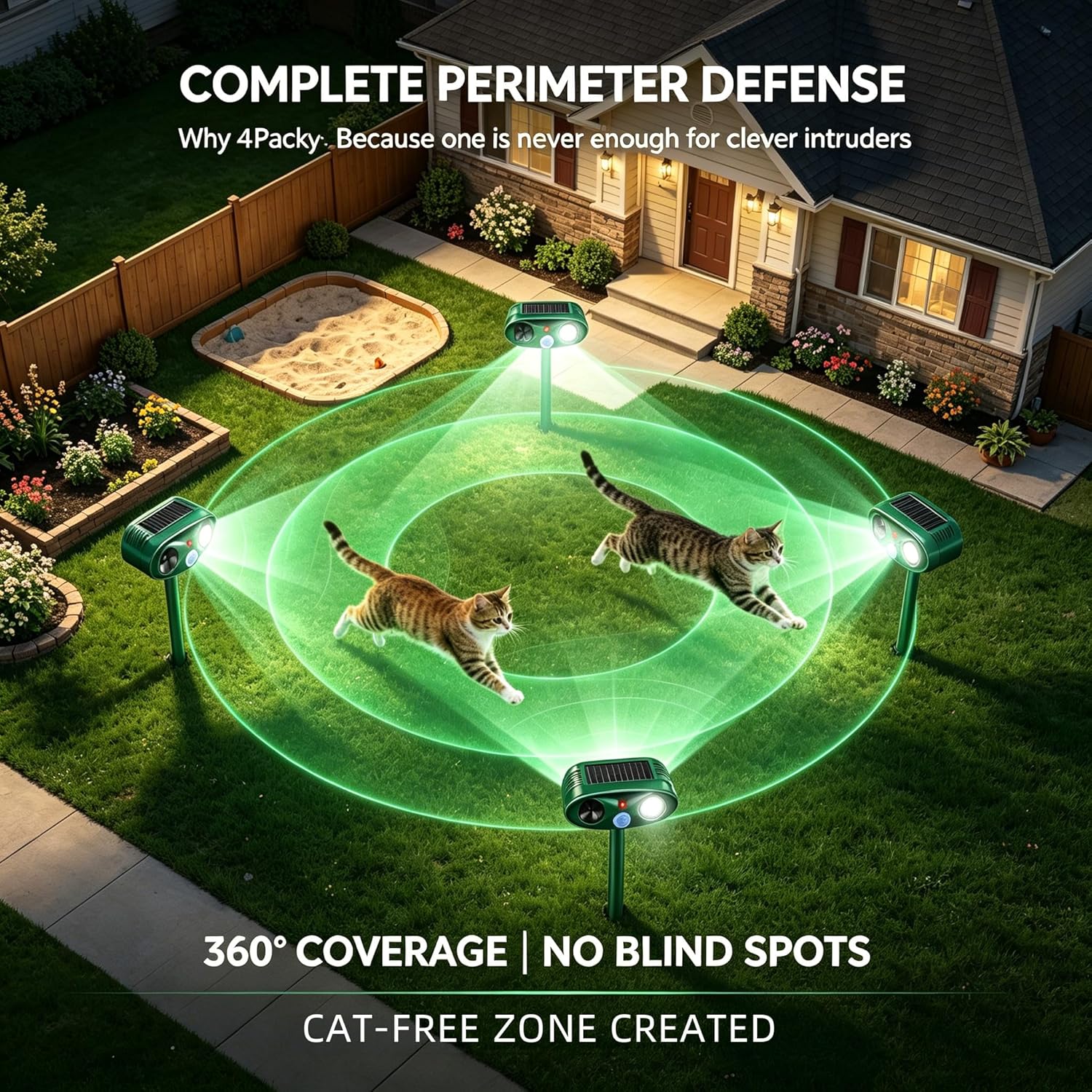 4Pack Sonic Fortress Pro Deer Repellent Devices Squirrel Rabbit Cat Raccoon Fox Deterrent Solar Ultrasonic Animal Repellent Outdoor with Motion Activated Strobe Light for Yard Lawn Garden Protection