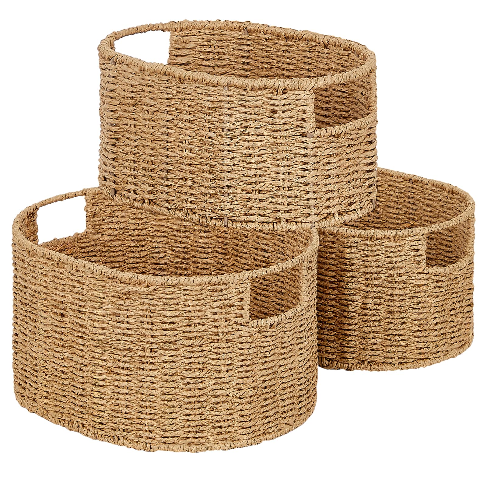 Vagusicc Wicker Basket, Set of 3 Woven Wicker Storage Baskets with Handles, Round Paper Rope Storage Boxes Bin Organizer for Bathroom Shelves Closet Bedroom, Natural