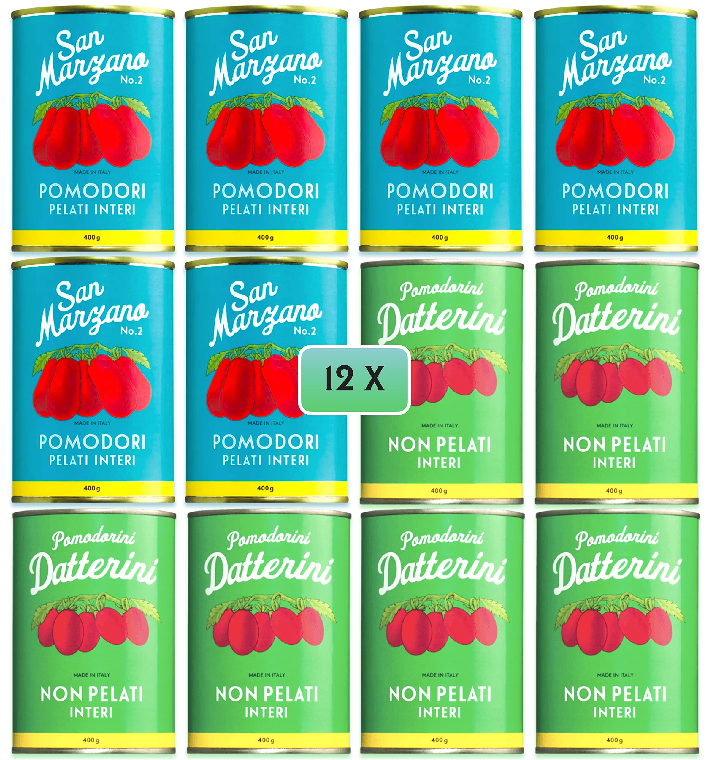 Sapor Design SAN MARZANO Tomaten aus Italien | Die besten Tomaten der Welt im Set | Dosentomaten, San Marzanos | Viele Varianten (San Marzano + Datterini (Türkis-grün), 12 Dosen)