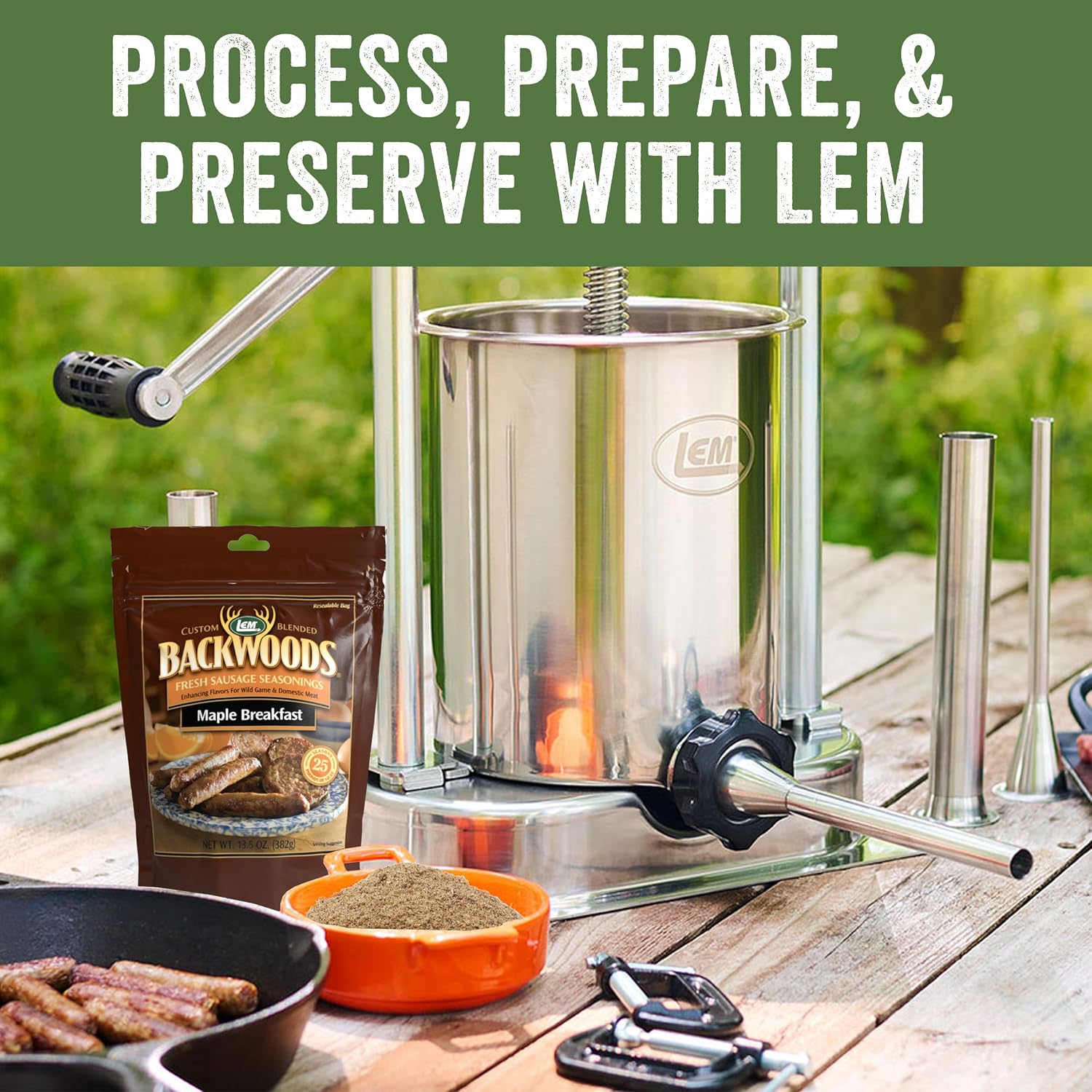 LEM Products Backwoods Maple Breakfast Fresh Sausage Seasoning, Ideal for Wild Game and Domestic Meat, Seasons Up to 25 Pounds of Meat, 13.5 Ounce Packet