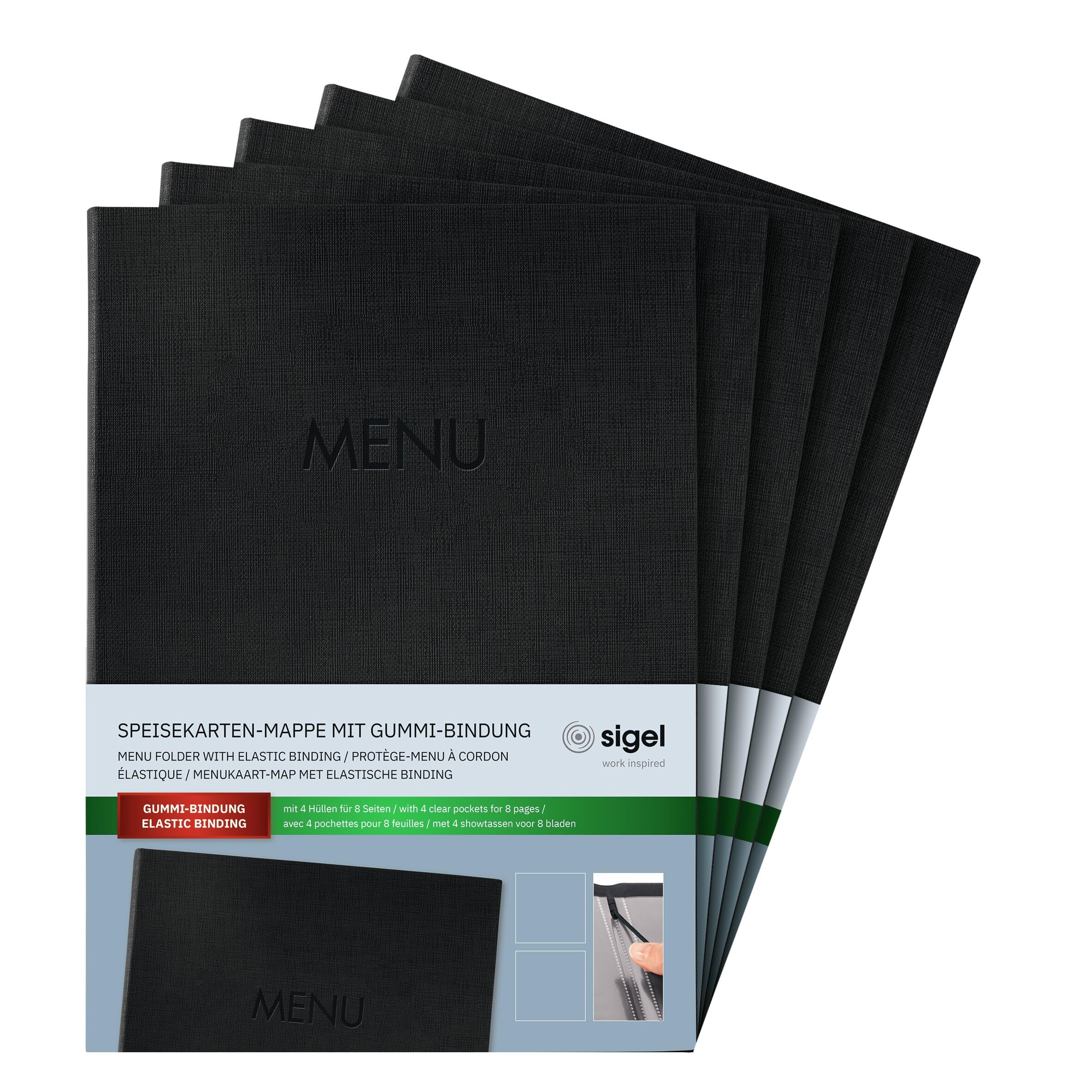 SIGEL SM202 Porta-menú - 1 unidad - incl 2 fundas transparentes dobles para 8 páginas - encuadernación elástica - A4 - negro - 5 piezas