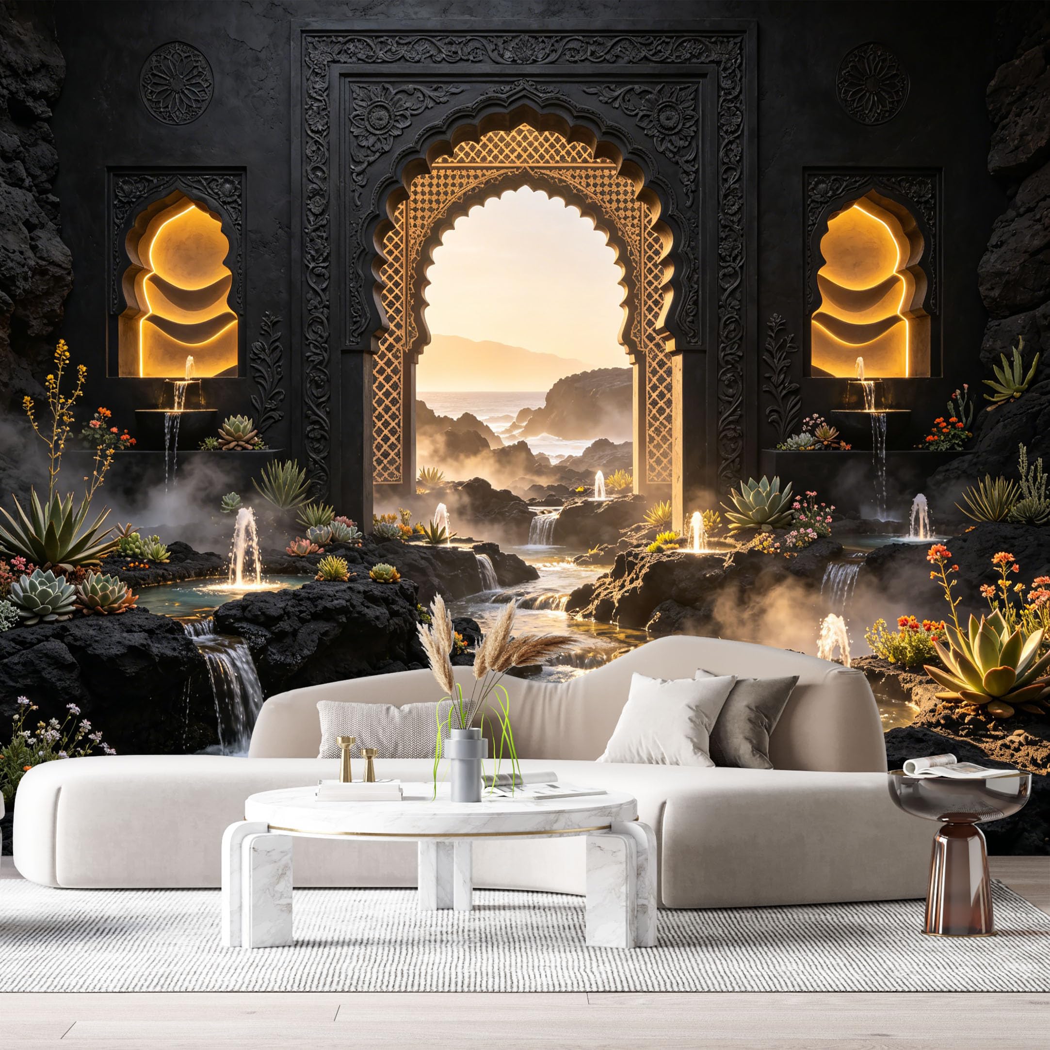 Custom Size Wall Murals Arch Sunset Ocean Geometric 3D Trompe L'Oeil SelfAdhesiveWall Fabric Removable Wallpaper Wall Decor for Living Room Bedroom Bathroom