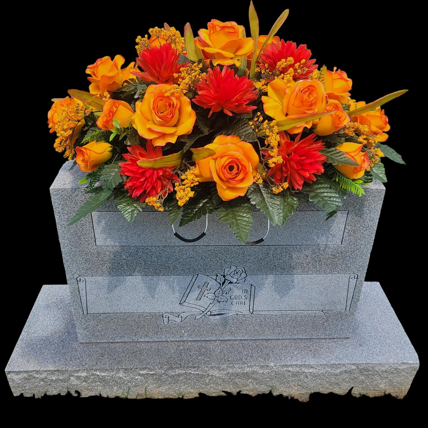 Cemetery Saddle Summer or Fall Memorial Decoration - Realistic Silk Faux Floral Artificial Grave Flowers - Orange Roses and Mums for Headstone Decorating