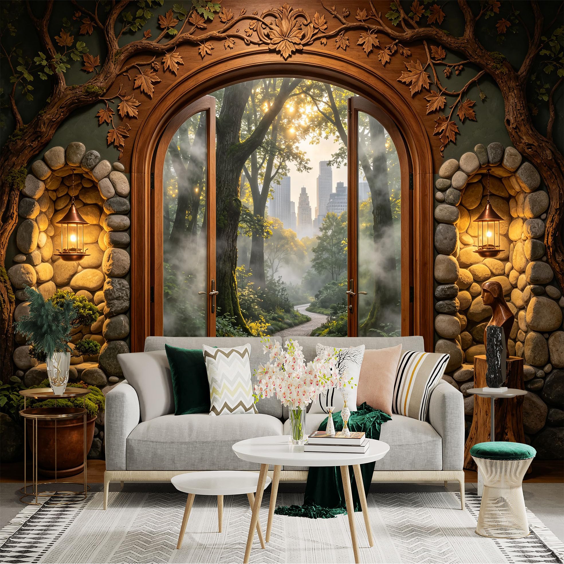 Custom Size Wall Sticker Mural， Rustic Forest Path Through Wooden Doorway and Stone Arch， for wall Decoration， peelandstick wall Decals.