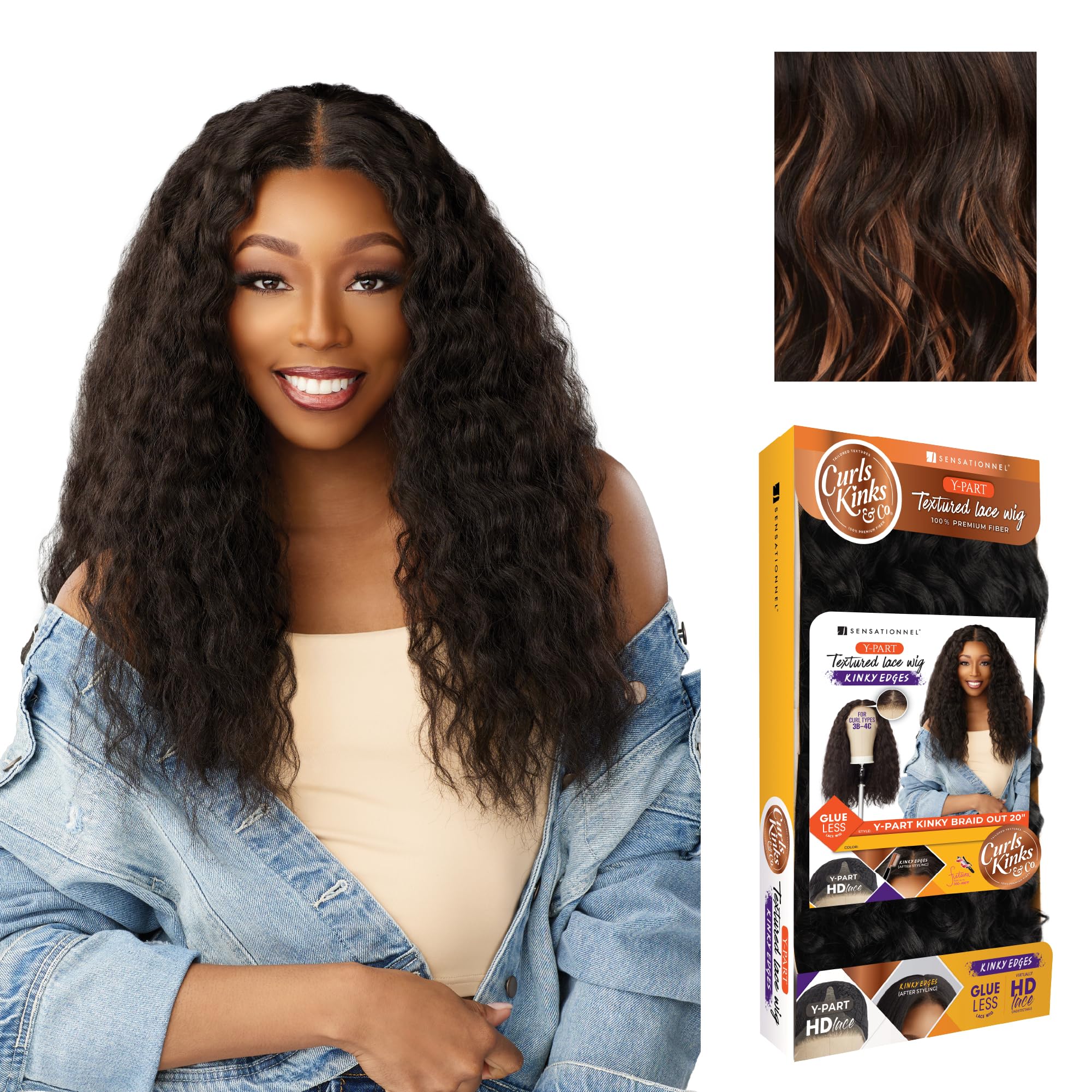 Sensationnel Curls Kinksandco Kinkyedges Wig - Kinky Braid Out 20 Inch Y Part Lace Natural Kinkytexture Edged Hairline for Natural 3C to 4C Hair