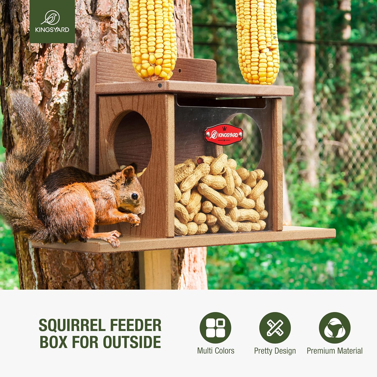 Kingsyard Squirrel Feeder Box for Outside, Recycled Plastic Squirrel Feeder Box with Corn Cob Holders, Easy to Refill & Clean, Weather-Proof (Brown)