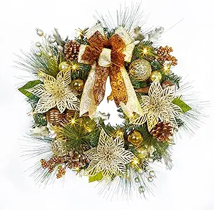 24" Prelit Christmas Wreath with Lights, Battery Operated Xmas Garland with Decorations, Wreath for Front Door Porch Wall Window Fireplace Outdoor Home Holiday Accent