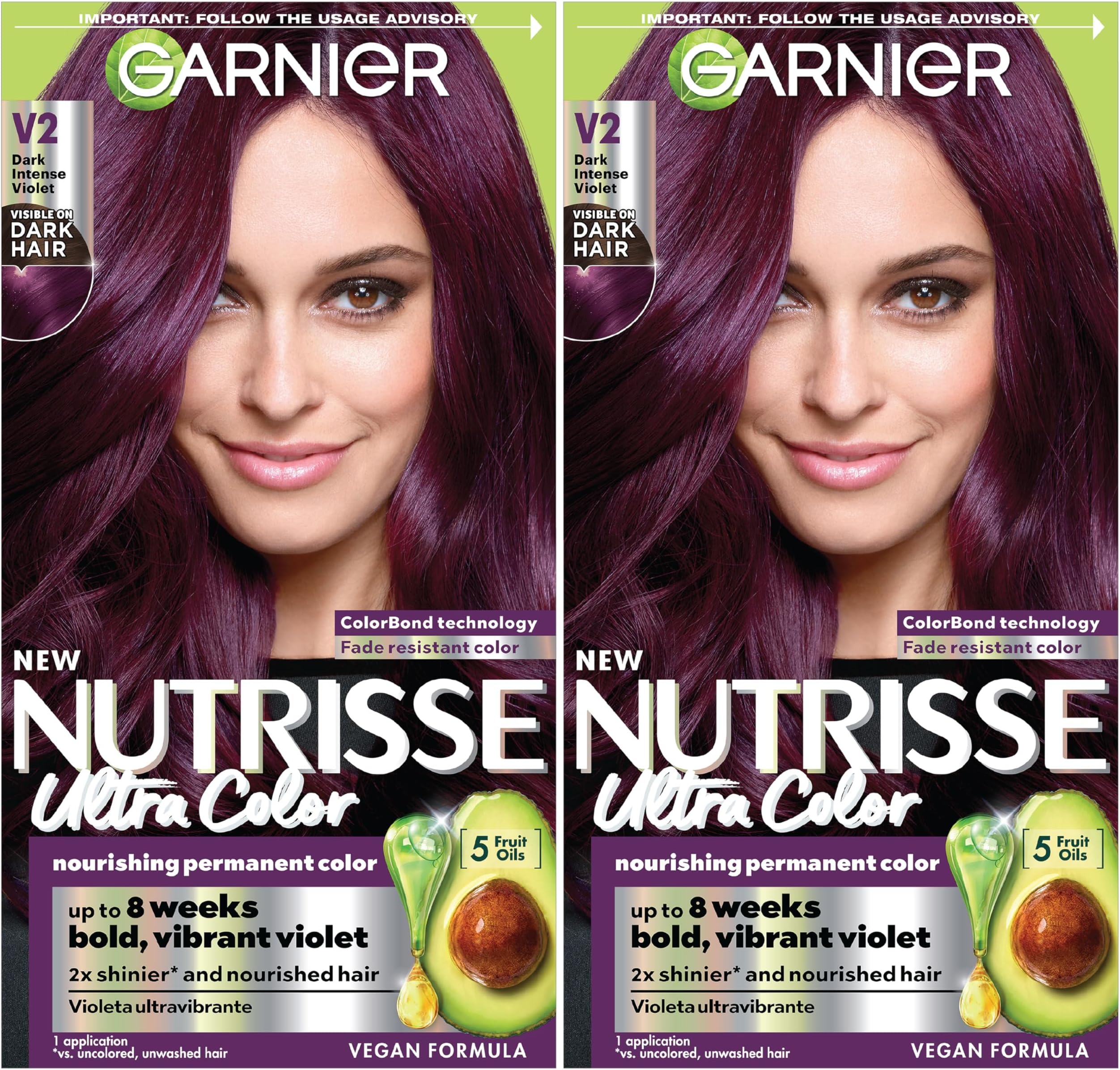 Nutrisse Ultra Color Hair Color, Permanent Hair Dye for Up to 8 Weeks of Bold, Vibrant, Fade-Resistant Results, Vegan & Cruelty-Free, V2 Dark Intense Violet (Spiced Plum), 2 Count